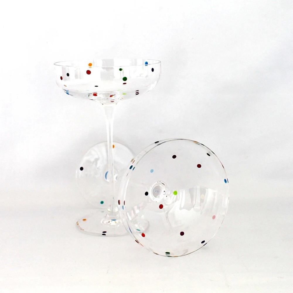 Colorful Polka Dot champagne coupe Glasses set of 2. 12 oz rainbow colored NEW